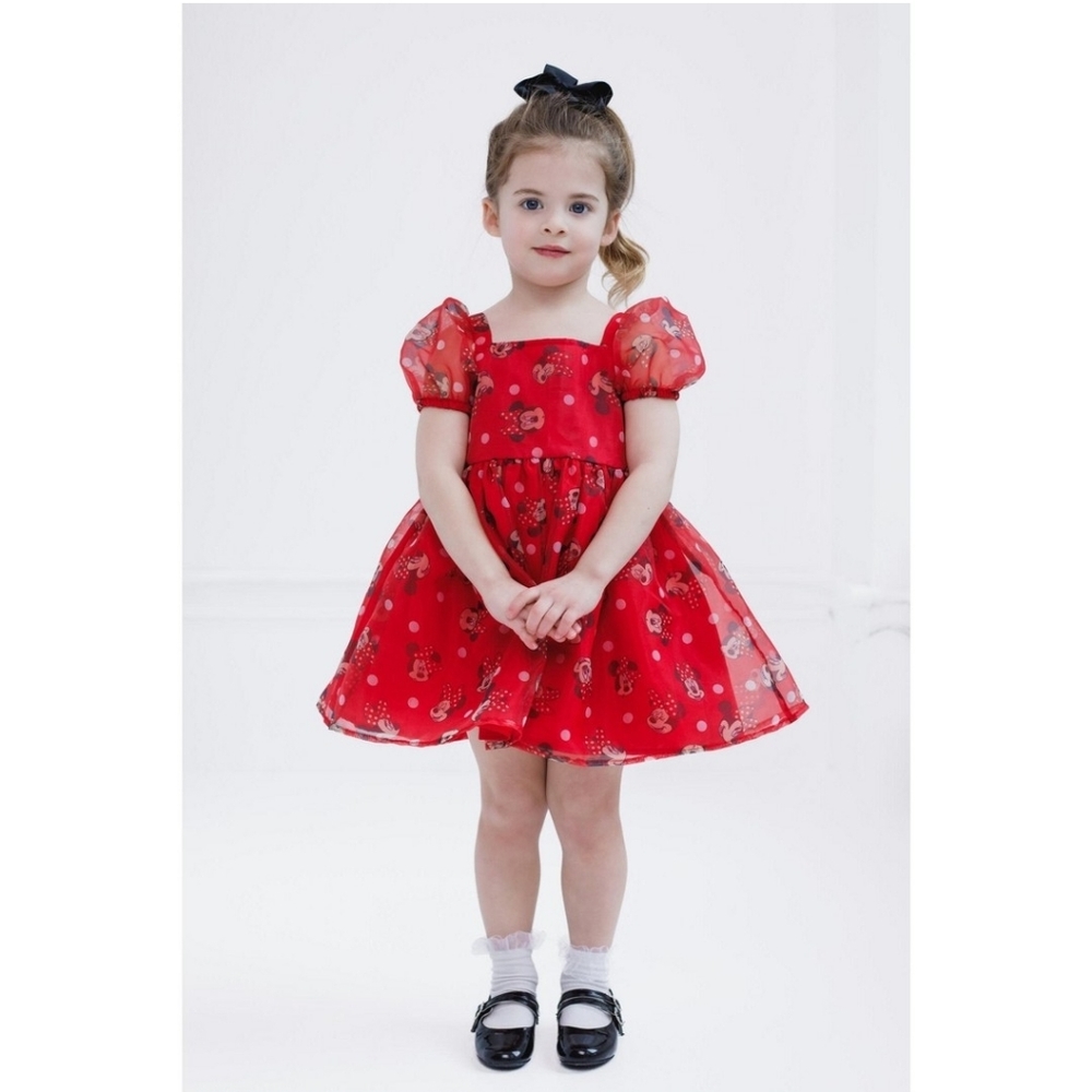 Red Floral Puff-Sleeve Girls' Formal Dress